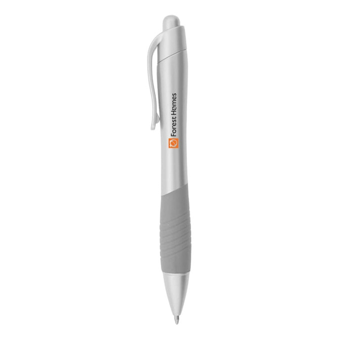 A metallic silver pen with a grey grip, featuring a logo on the side.