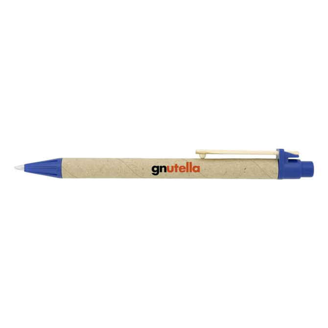 A blue pen with a natural paper barrel and a clip, featuring a logo on the side.