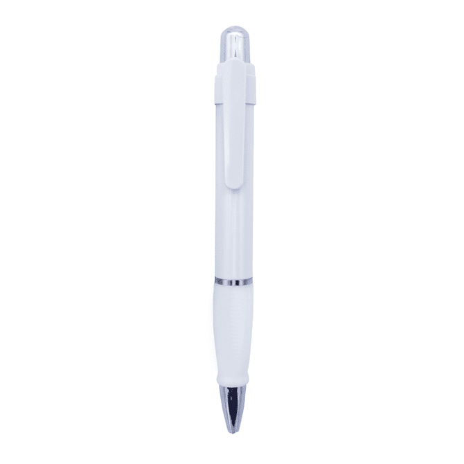 A white plastic pen with a sleek design and a transparent cap, featuring a clip and silver accents.
