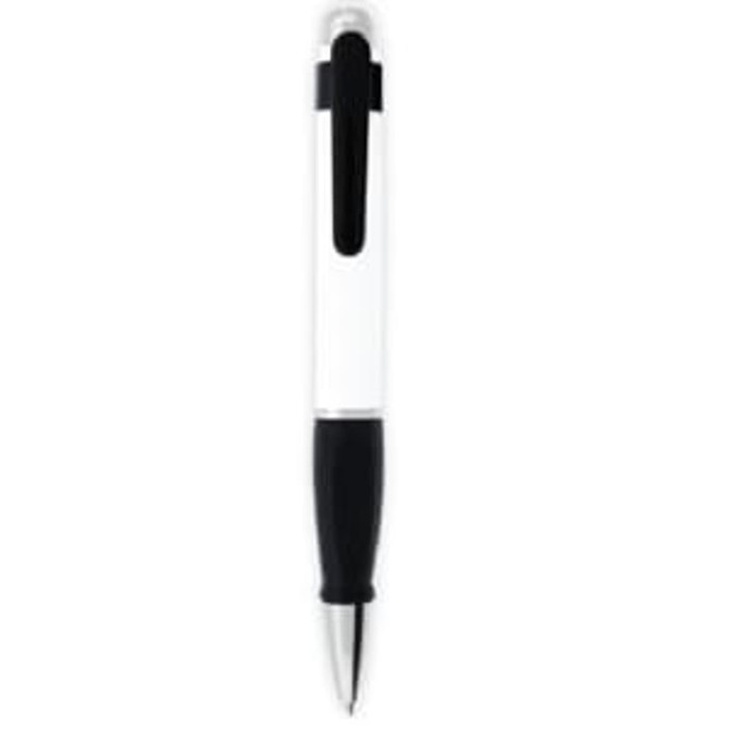 A plastic pen in white and black, featuring a clip and a shiny metal tip, with branding on it.