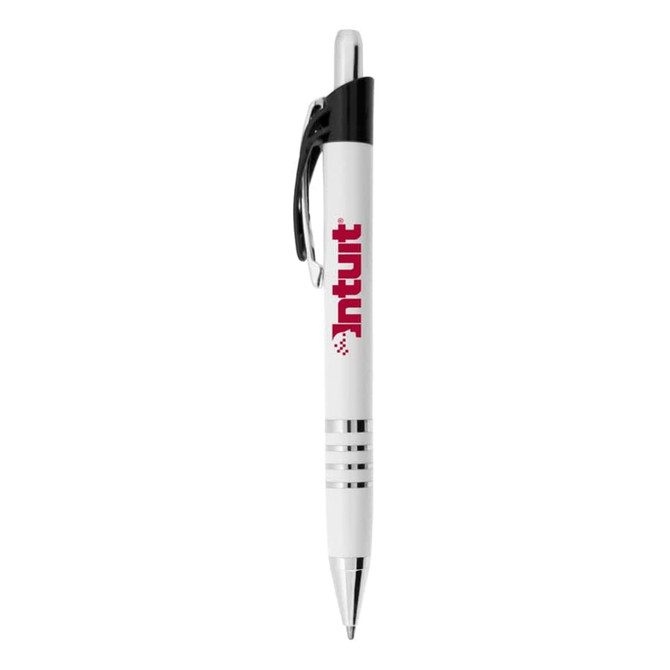 A white metal pen with a black clip and silver accents, featuring a logo.