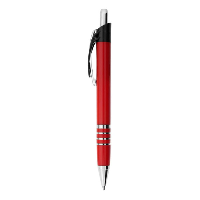 A red metal pen with silver accents and a black clip. Features a brand logo.