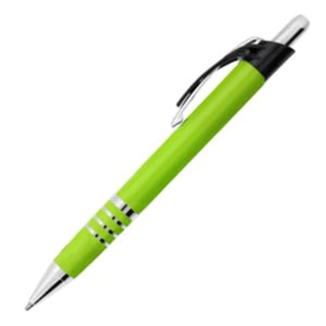 A green metal pen with a silver clip and decorative rings. The pen features a branded logo.