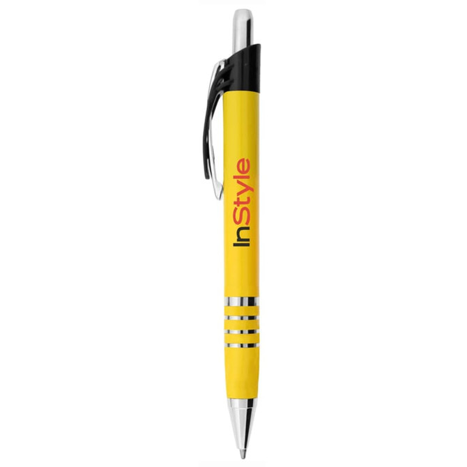 A yellow metal pen with a black clip and silver accents, featuring a logo.