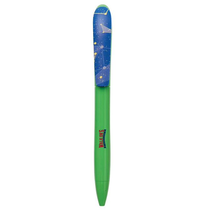A green pen with a blue starry design on the cap and a logo on the body.