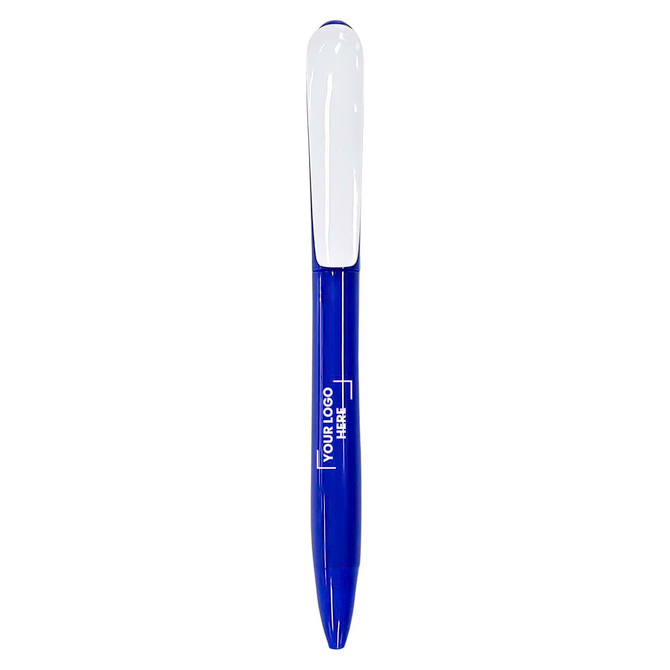 A purple plastic pen with a white cap and an area for a logo. 