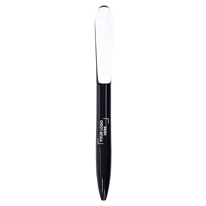 A black plastic pen with a white top and a space for a logo. Ideal for promotional use.