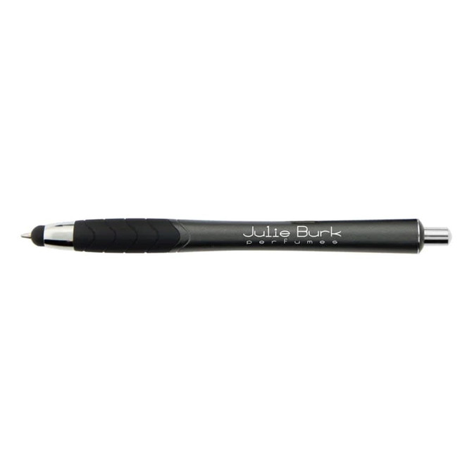 A black stylus pen with a textured grip and a silver clip, featuring a logo on its barrel.
