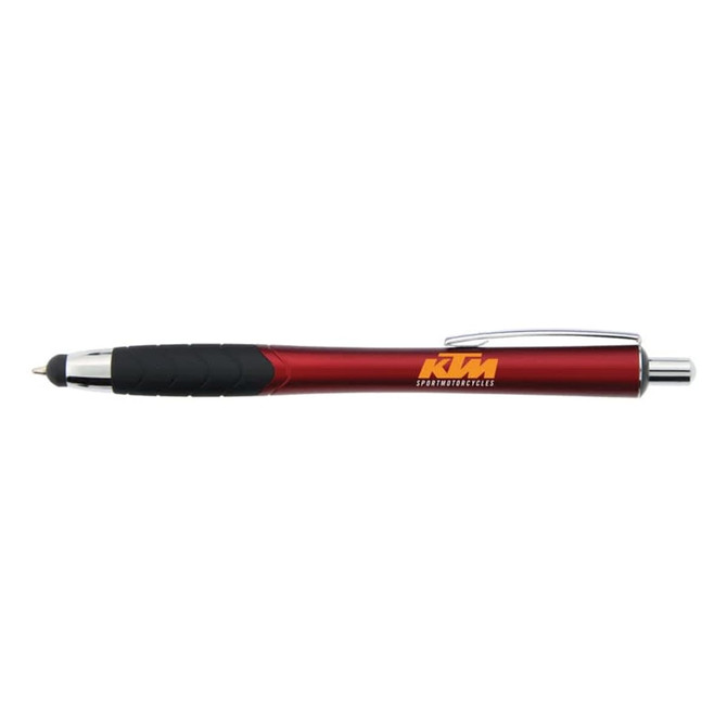A stylus pen in red with a black grip, featuring a branded logo on the barrel.