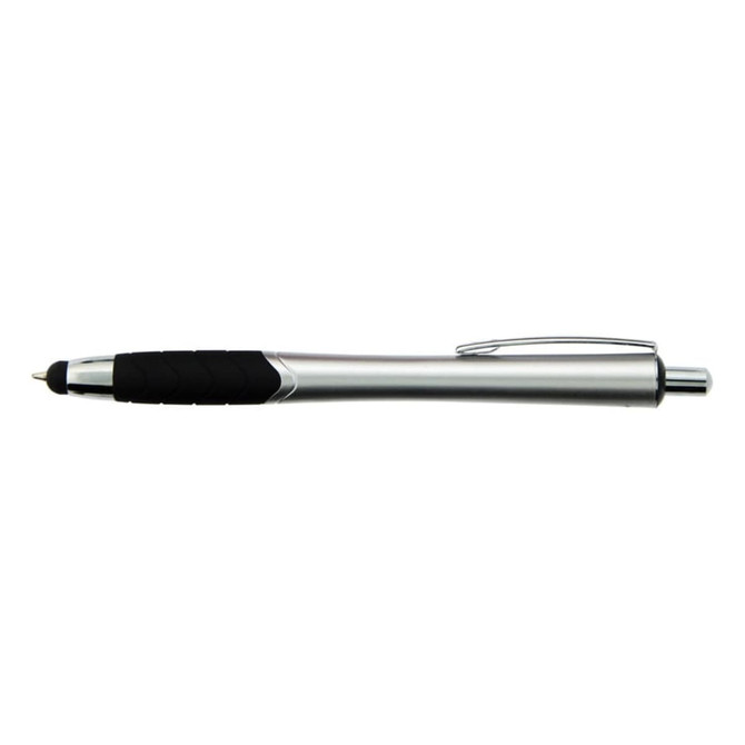 A silver stylus pen with a black grip and a clip, featuring a logo on its side.