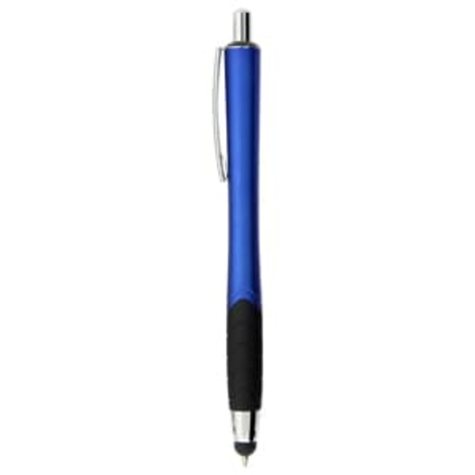 A blue stylus pen with a silver clip and a textured black grip, featuring a branding logo.