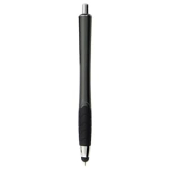 A black stylus pen with a sleek design and a silver tip, featuring a textured grip and a branding logo.
