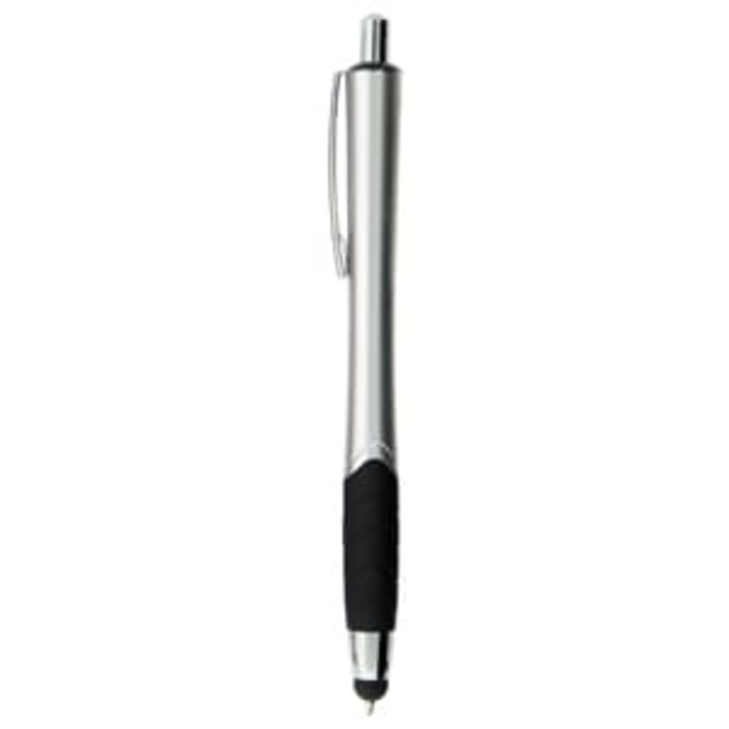 A silver stylus pen with a black grip and a logo on the side, ideal for touch screens.
