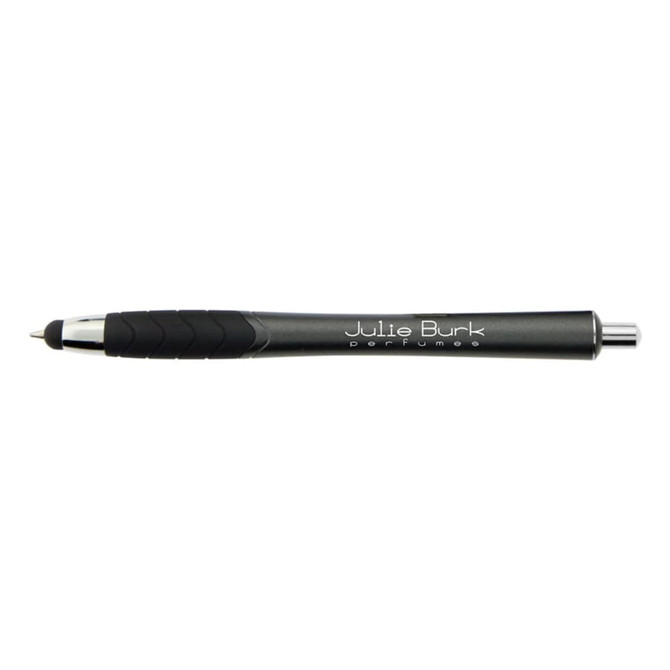 A stylus pen in black and silver, featuring a textured grip and a branding logo.
