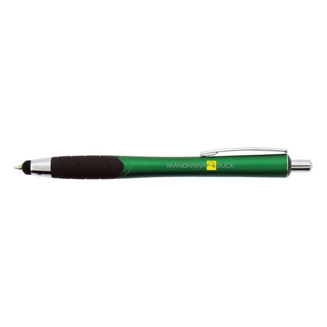 A green stylus pen with a black rubber grip and silver accents, featuring a logo.