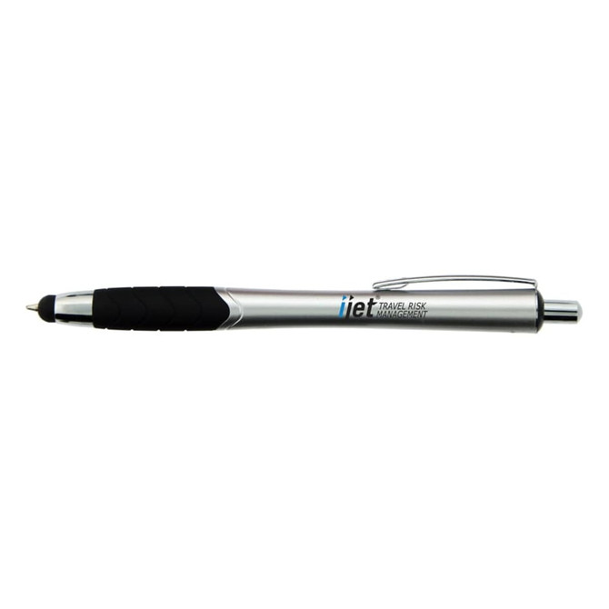 A silver stylus pen with a black grip and a logo on its body.