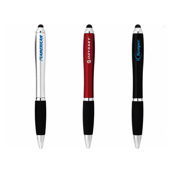 Three stylus pens in silver, red, and black, each featuring a grip and branding on the barrel.