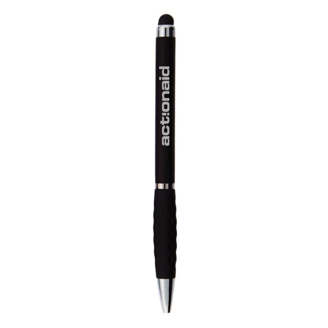 A black stylus pen with a rubber grip, featuring a branding logo on the side.