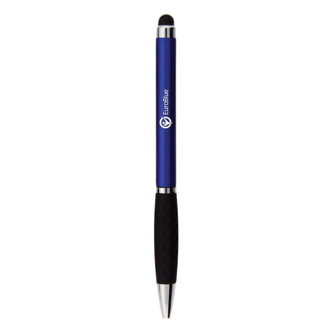 A blue stylus pen with a silver accent and a black rubber grip, featuring a logo.