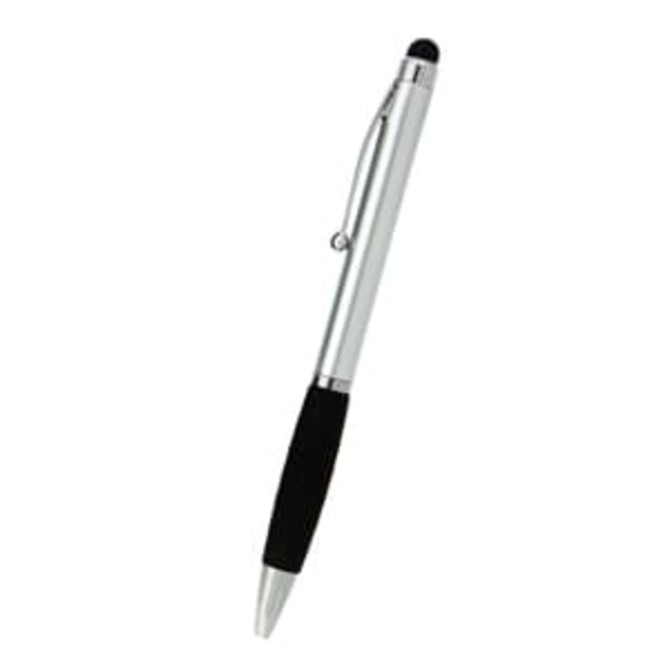 A stylus pen with a silver body and black grip, featuring a clip and a rounded tip for touchscreen use.
