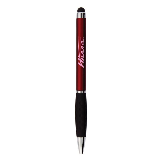 A red stylus pen with a black rubber grip and a branding logo on the side.