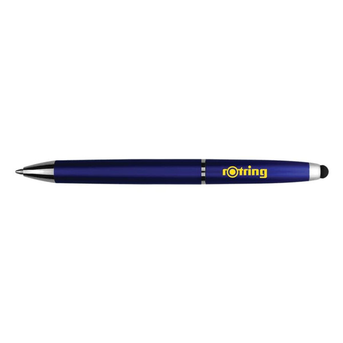 A blue stylus pen with a silver tip and branding on the side.