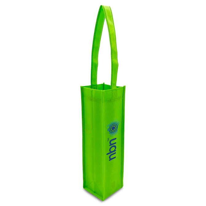 A green non-woven single wine tote bag with long handles and a logo.