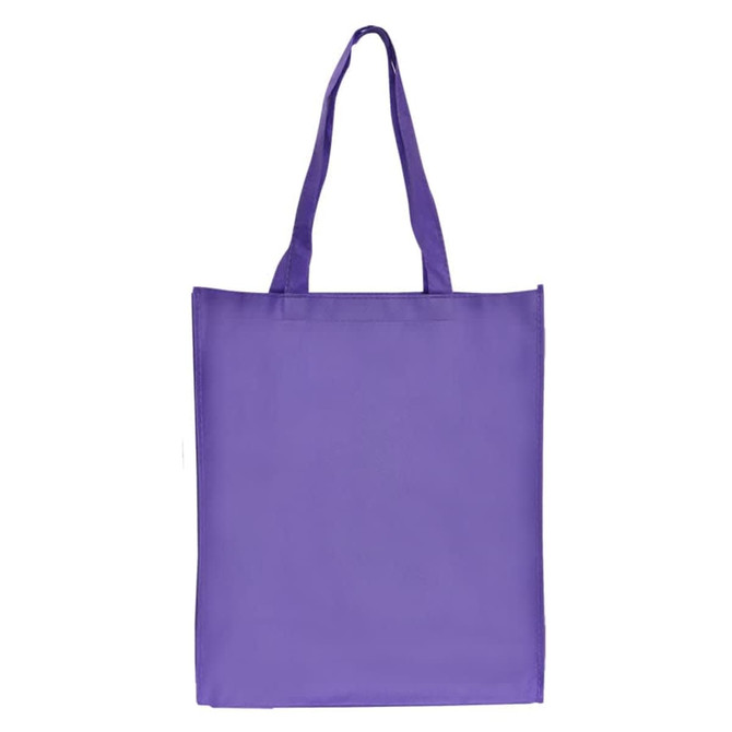 A large purple shopping tote bag with gusset and two shoulder straps. The bag has a plain design and a logo.