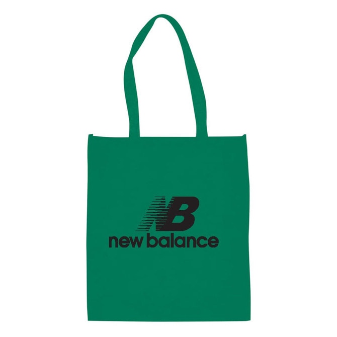 A green large shopping tote bag with a gusset and a logo printed on the front.