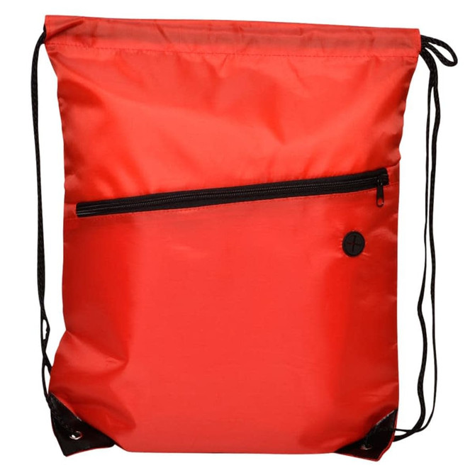 A red drawstring bag featuring a front zip pocket and black cords for closure, also displaying a logo.