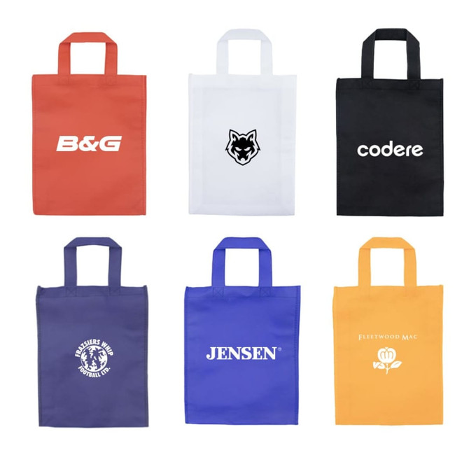 A collection of six tote bags in orange, white, black, purple, blue, and yellow, each with a logo.