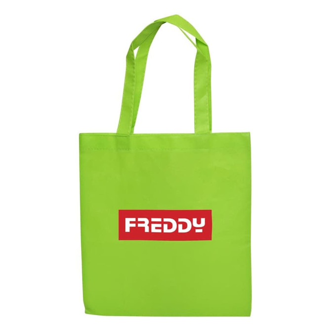 A bright green shopping tote bag featuring a logo in a red box. The bag has two handles for carrying.