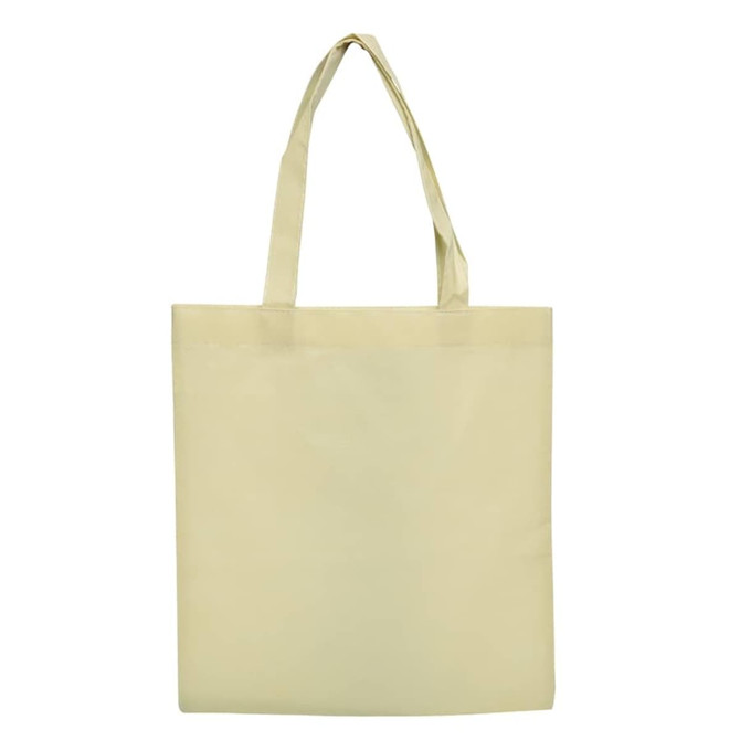 A plain beige shopping tote bag with two shoulder straps and no visible branding or text.