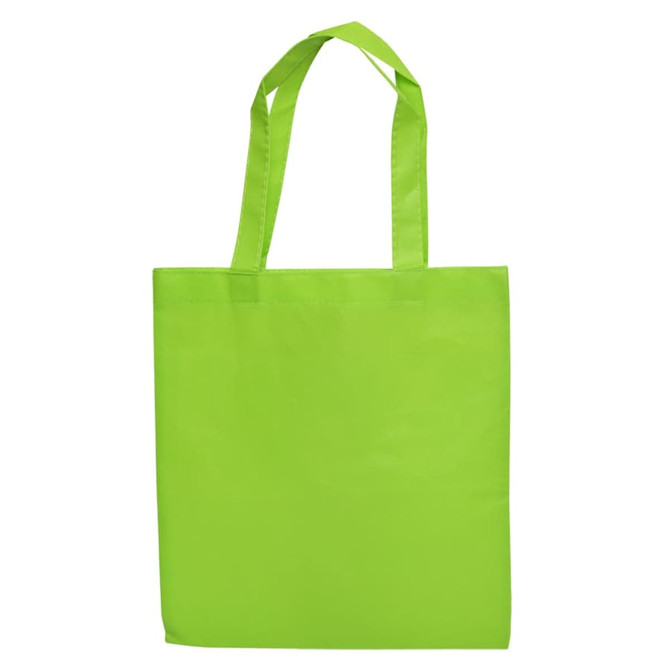 A bright green shopping tote bag with two handles and a simple design. It features a logo.