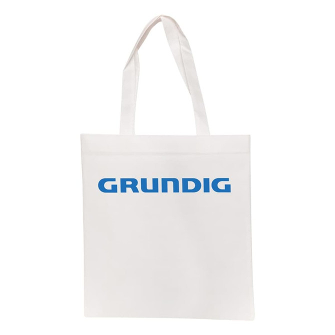 A white shopping tote bag with sturdy handles and a blue logo on the front.