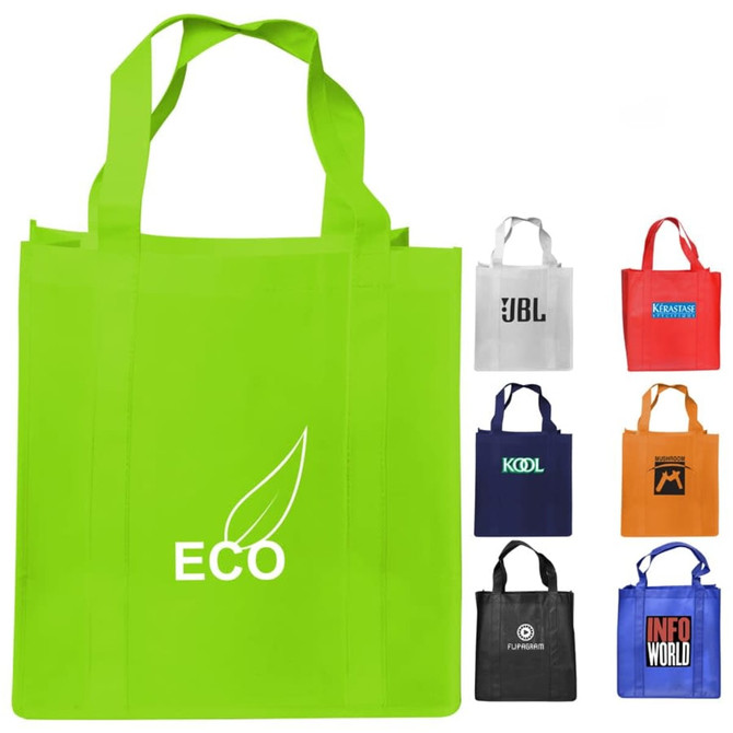 A green tote bag with a gusset, accompanied by black, blue, orange, and white variations, each with logos.