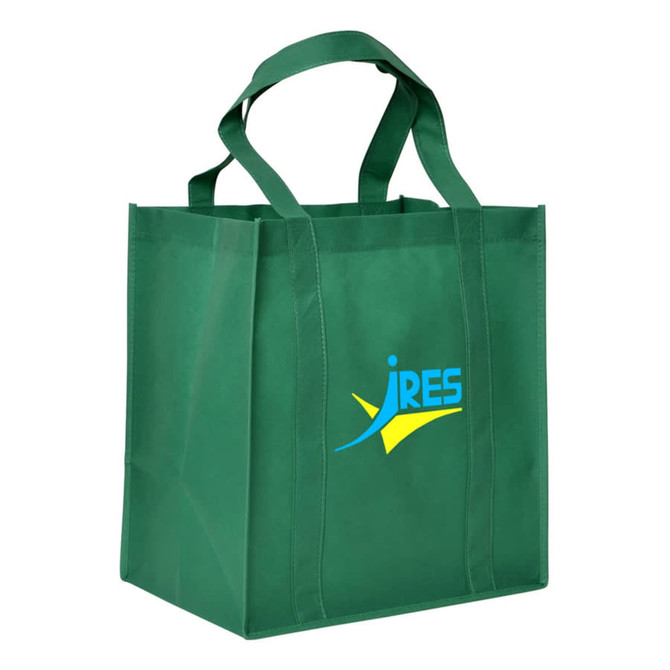 A green shopping tote bag with gusset and two sturdy handles, featuring a logo on one side.
