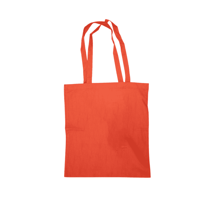 A vibrant orange tote bag with long handles, featuring a plain design and a logo.