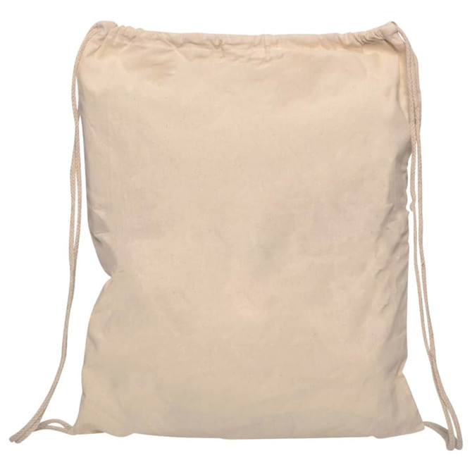 A cream-coloured Calico drawstring bag with a simple design and a drawstring closure. It features a logo.