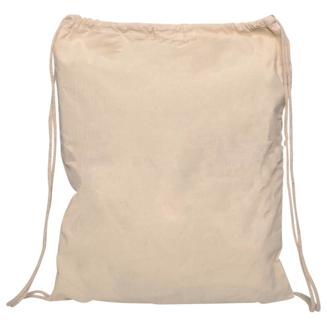 A beige Calico drawstring bag with two drawstrings and a simple design. It has a small logo on it.