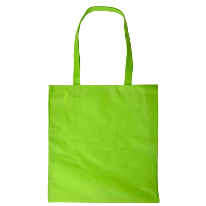 A bright green shopping tote bag with a V gusset and long handles. It features a simple design and has a logo.