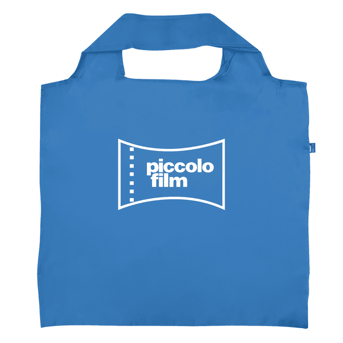 A blue recycled PET bag with a logo on the front and sturdy handles for easy carrying.