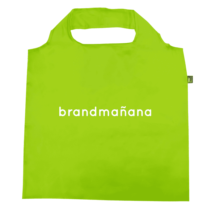 A bright green recycled PET bag featuring a handles and a logo.