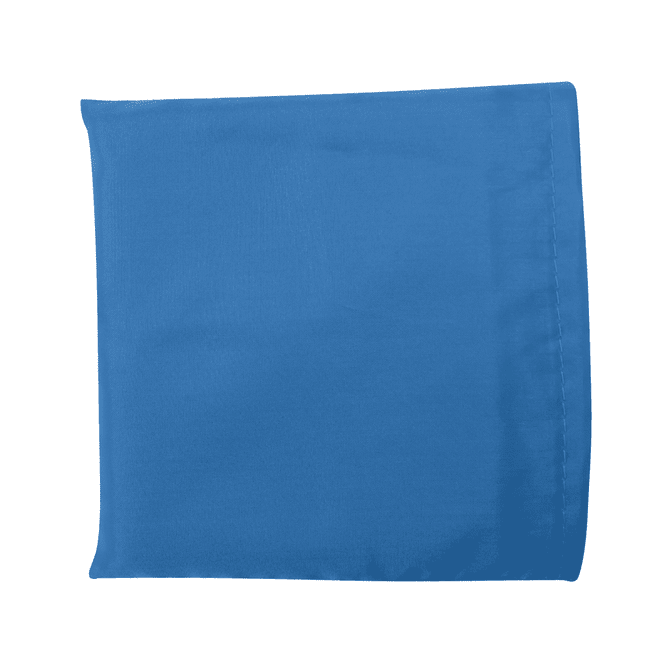 A blue recycled PET bag with a smooth texture and a folded design, featuring a logo.