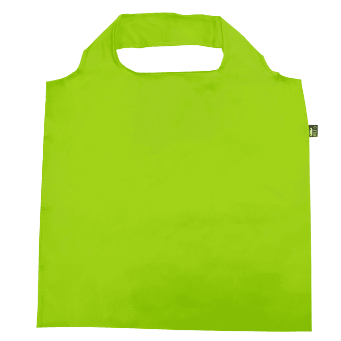 A bright lime green recycled PET bag with a handle and a logo on the side.