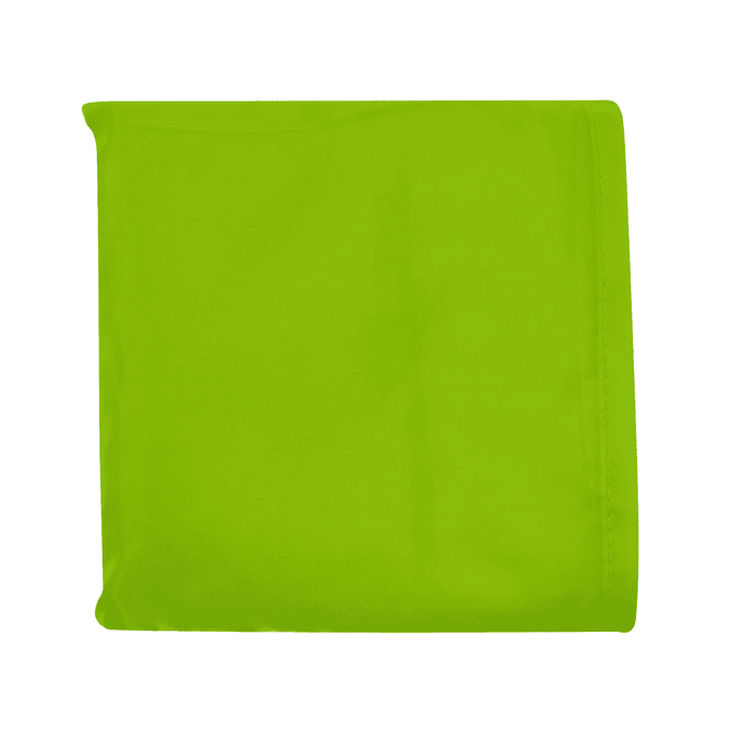 A vibrant green reusable bag made from recycled PET material, featuring a simple design with a logo.