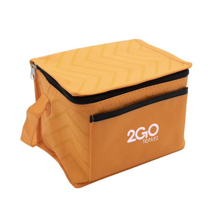 An orange cooler bag with a zip closure and a handle, featuring a logo on the front.