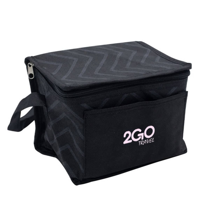 A black cooler bag with a zippered top and a front pocket, featuring a small logo.