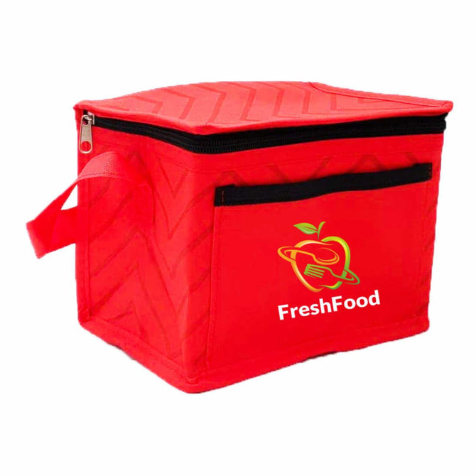 A red insulated cooler bag with a zipper and a front pocket featuring a logo.