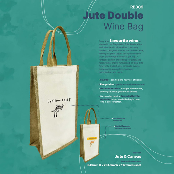 A jute double wine bag in natural and cream colours, featuring a logo and sturdy handles for carrying bottles.